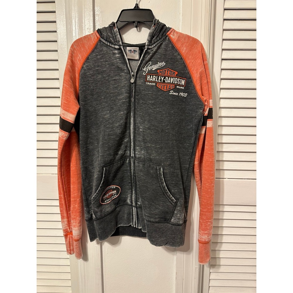 Harley Davidson Womens Burnout Zip Up Hoodie Gray Orange Rhinestone Logo Medium